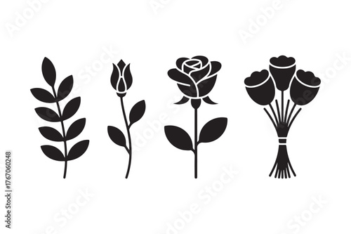 Black silhouette of flowers and a branch on a white background