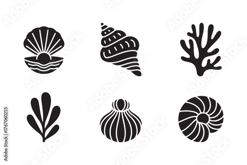 Collection of six black and white sea life illustrations