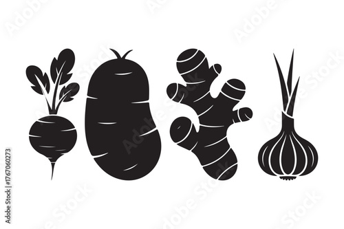 Black silhouette illustrations of root vegetables and ginger