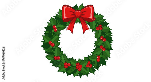 Festive christmas wreath with red bow and holly berries on white background