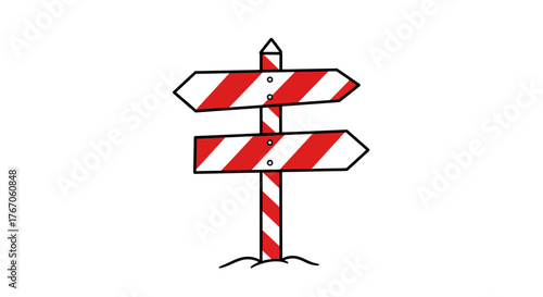 Red and white striped directional signpost on white background