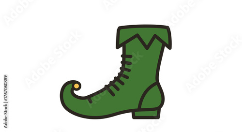 Festive green elf shoe with curled toe and jingle bell design