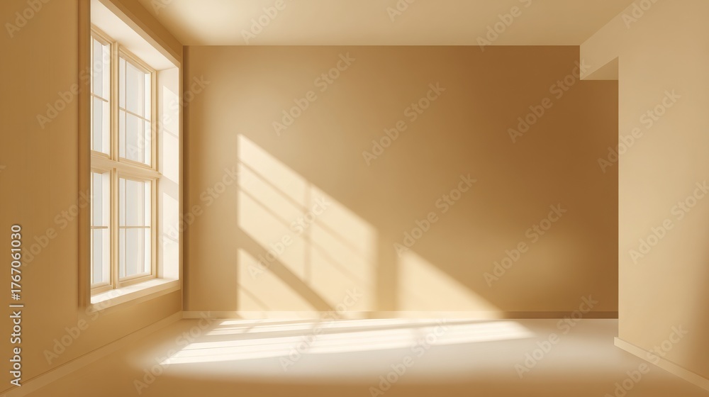 Fototapeta premium Beige room with angled sunlight and window shadow. Realistic vector interior background.
