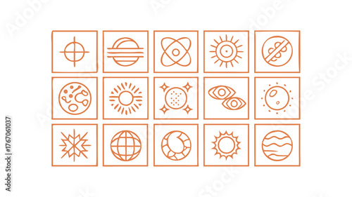 Collection of science astronomy sun moon planet earth eye atom and target icons in a minimal style set design