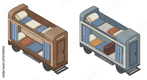 Isometric train carriage bunk bed interior with various bedding options