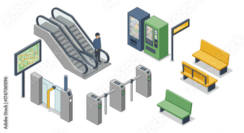 Isometric urban subway elements with escalator, turnstile, and waiting benches