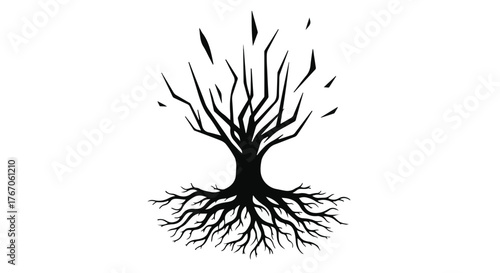 Abstract silhouette of a tree with roots and fragmented branches against a white background.