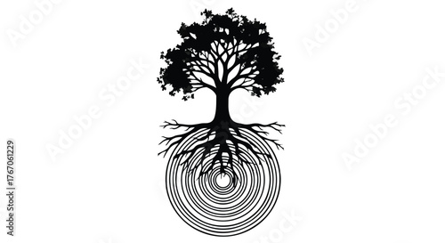 Stylized tree with intricate roots forming concentric circles against a white background