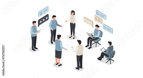 Isometric office team collaboration meeting with speech bubbles