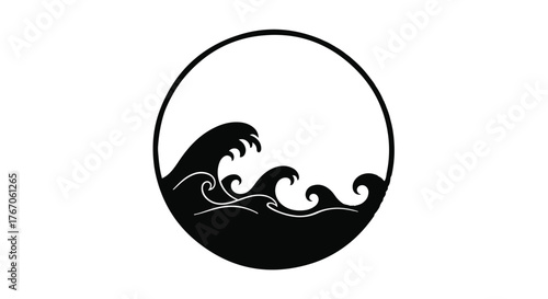 Stylized black waves cresting within a clean circular frame, evoking a sense of motion and nature's power.