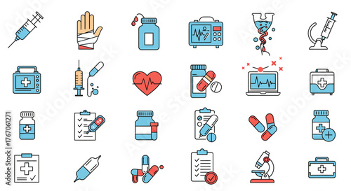 Healthcare icons: medical equipment, medications, and diagnostic tools in mod…