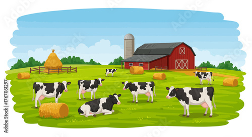 Peaceful farm scene with cows grazing in lush green pasture under clear blue sky
