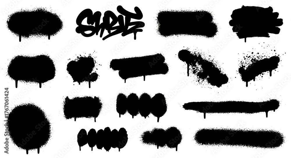 Black spray paint drip and splash elements for design