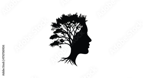 Silhouette of a human head with a tree growing from it, symbolizing growth and nature connection.