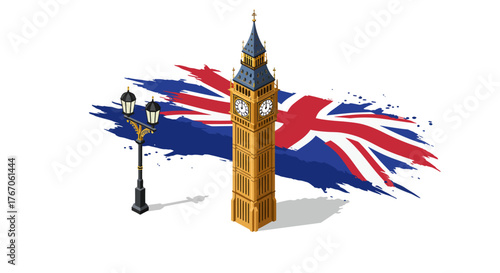 Isometric big ben with union jack background
