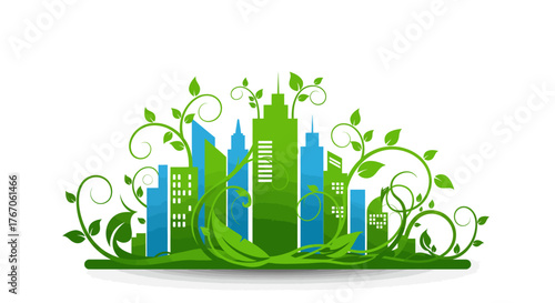 Eco-friendly urban skyline with greenery and modern architecture