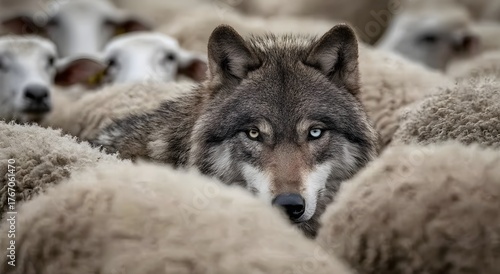 A wolf with striking eyes hidden among a flock of sheep, symbolizing deception, danger, and contrast between predator and prey. Concept of disguise, survival, and unexpected presence in nature.
