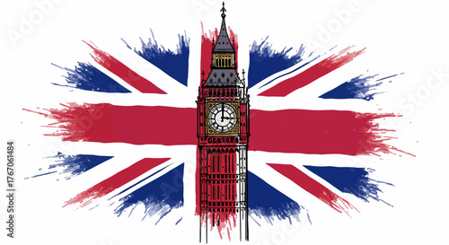 Iconic big ben with splash art of the united kingdom flag background