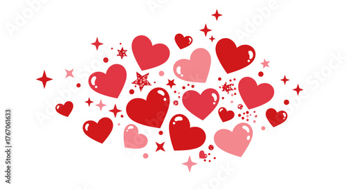 Playful red and pink hearts with stars on white background