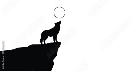 Lone wolf howls at moon from a cliff edge, evoking wilderness and primal instinct.