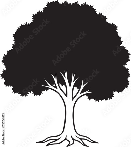 Stylized silhouette of a large deciduous tree with a full canopy and exposed roots