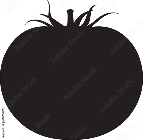 Simple black silhouette of a ripe tomato with a green stem and leaves isolated on a white background