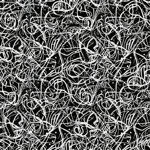 seamless abstract pattern featuring chaotic white scribbles, doodles, and hand-drawn lines on a solid black background