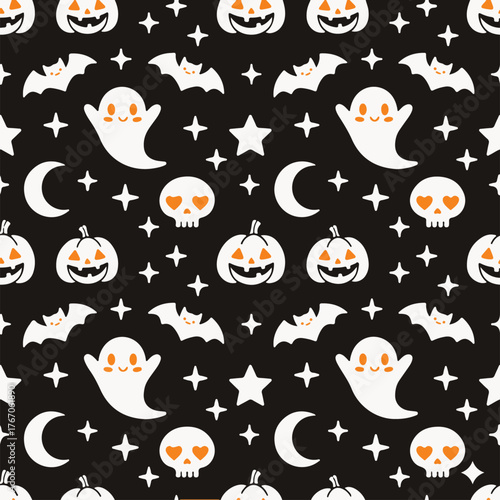 seamless Halloween pattern with cute cartoon-style