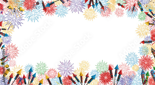 Colorful fireworks and rockets border on white background