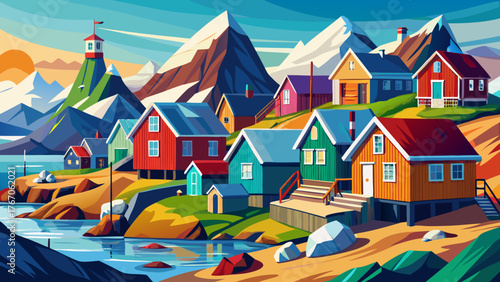 Very beautiful, picturesque village on the coast of Greenland, colorful houses in Tasiilaq, East Greenland, surrounded by icy mountains, blue fjords, and serene Arctic landscape under clear northern 