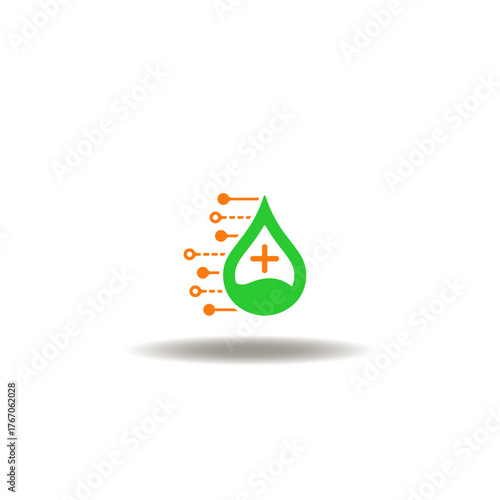 Vector illustration of medical drop with health plus and circuit pattern. Symbol of medical donations blood. Icon of medicine drop liquid drug innovation research.