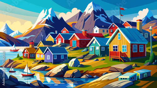 Very beautiful, picturesque village on the coast of Greenland, colorful houses in Tasiilaq, East Greenland, surrounded by icy mountains, blue fjords, and serene Arctic landscape under clear northern 