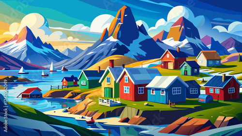 Very beautiful, picturesque village on the coast of Greenland, colorful houses in Tasiilaq, East Greenland, surrounded by icy mountains, blue fjords, and serene Arctic landscape under clear northern 