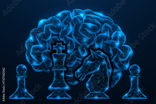 The intelligence of strategy. Chess pieces standing in front of the human brain. The concept of the relationship between reason and tactics, thinking and logical analysis.