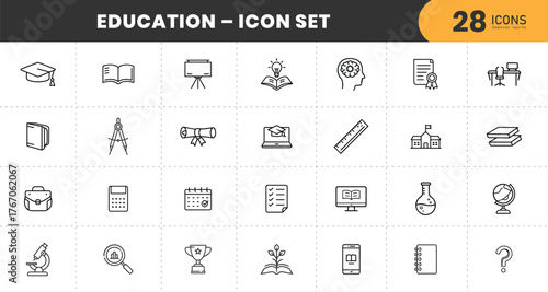 Education Icon Set – 28 Modern Thin Line Vector Icons of School, Learning, Science, Books, and Academic Tools with transparent Background.