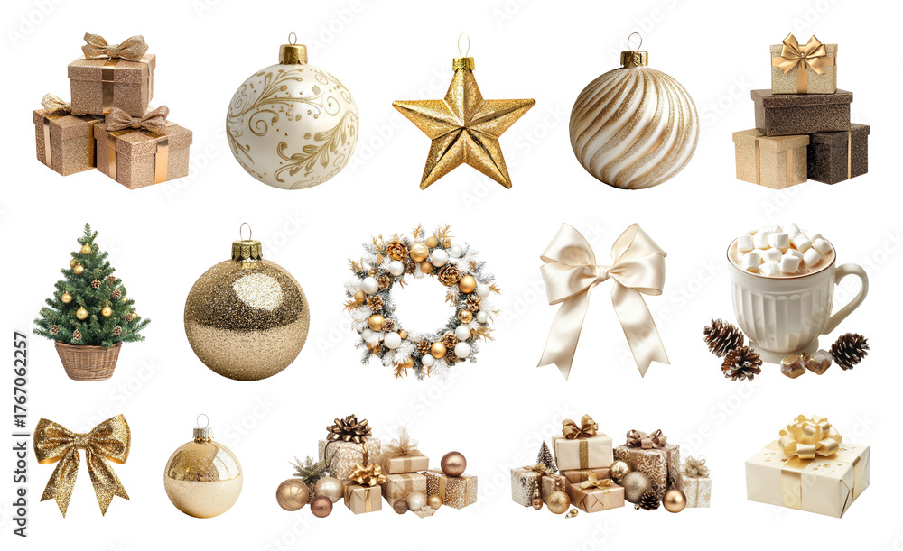 Obraz premium PNG Elegant gold holiday decorations, element set on transparent background