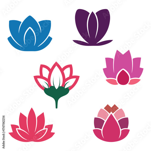 Collection of stylized lotus flower icons in various colors and designs representing peace and spirituality