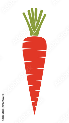 Stylized illustration of a vibrant orange carrot with green leafy tops against a white background