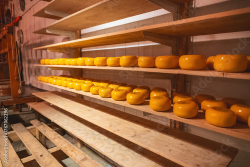 Obraz na plátně Wooden shelves with hard matured cheese from cow's milk at cheese factory in Hol
