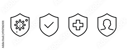 Immune system and antibacterial protection line icons. Bacteria, immunity, and virus protection icons.