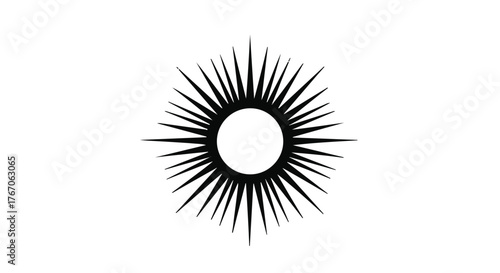 Radiant sunburst symbol with sharp rays against a clean white background, representing energy and light.