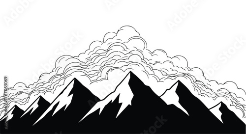 Majestic mountain peaks emerge from swirling, atmospheric clouds.
