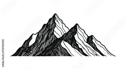 Majestic mountain peaks rise dramatically against a stark white background, evoking adventure and natural beauty.