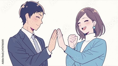 協力し合うビジネスマンとビジネスウーマンの前向きな職場コミュニケーション「生成AI」