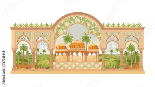 Illustration of architecture with palms and domes in an islamic style building with garden view design