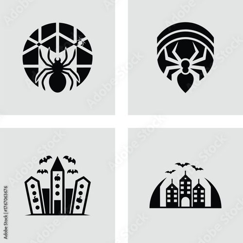 Set of Halloween icons featuring spiders bats and haunted houses simple flat vector design for web and print