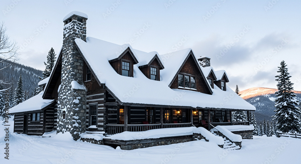 Naklejka premium Snow-covered rustic ski lodge with chimney in winter landscape 