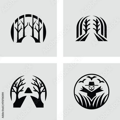 Set of four agricultural icons minimalist vector logo design elements representing nature and farming isolated on a light background