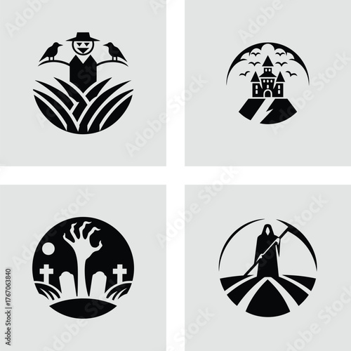 Set of Halloween vector icons featuring spooky elements like a scarecrow haunted house zombie hand and grim reaper minimalist flat design for holiday themes