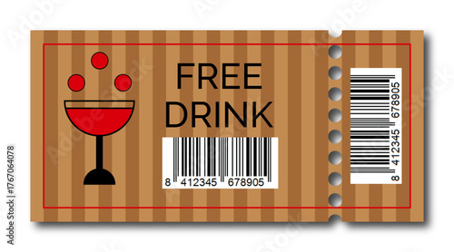 Vector illustration of a free drink coupon featuring a red wine glass icon, barcode, and modern striped background. Perfect for bar promotions, events, parties, and beverage marketing.